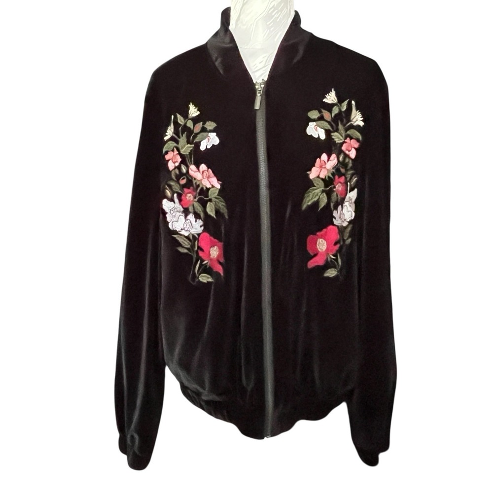 Lea Viola Sz XL Velour Floral Embroidered Jacket Full Zip Pockets Stretch Travel